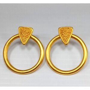 Vintage Leslie Block Gold Tone Textured Circle Earrings‎ 1980s Designer Signed